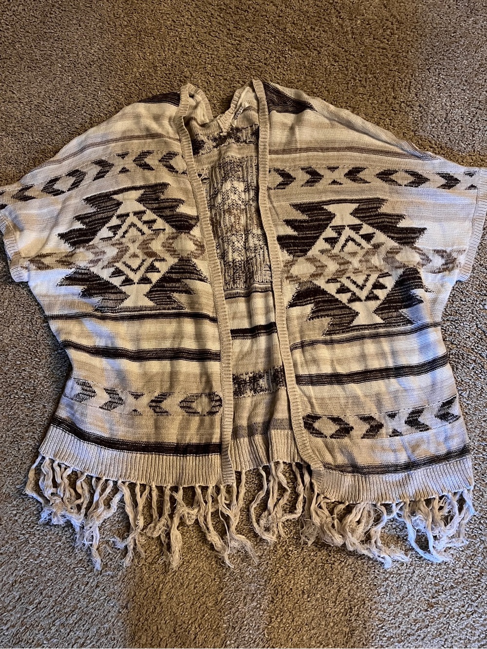 Garage Open-Knit Fringe Cardigan - Beige & Brown